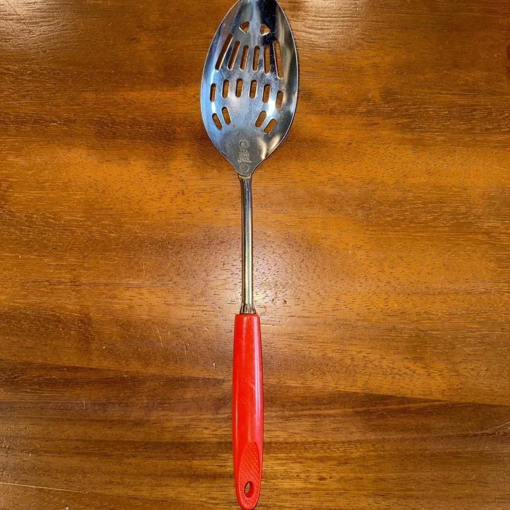 Vintage Ekco USA Slotted Spoon Chromium Plated - Orangish Red Plastic Handle 12